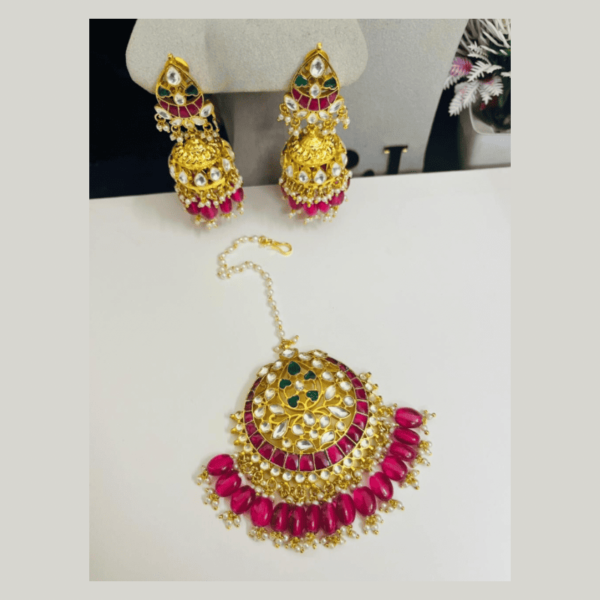 Pachi Kundan Gold Plated Jhumka Earrings and Maang Tikka Set – Luxury Bridal Jewelry by The Sparkle Jewellery