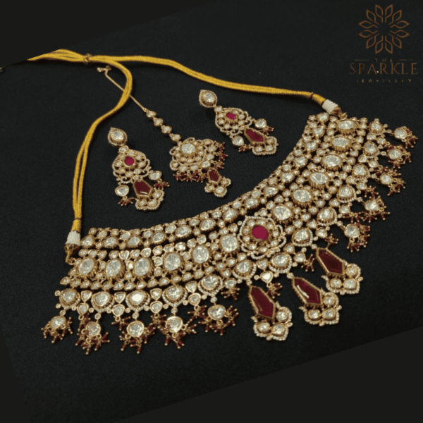 Uncut Polki Kundan Flexible Bridal Choker Set with Earrings and Maangtikka – The Sparkle Jewellery