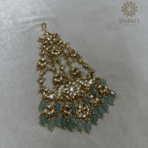 Jadau Pachi Kundan Gold Plated Punjabi Bridal Passa Hair Accessory with Mint Green Bead Drops - The Sparkle Jewellery