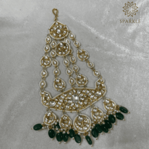 Jadau Pachi Kundan Gold Plated Punjabi Bridal Passa Hair Accessory with Green Bead Drops - The Sparkle Jewellery