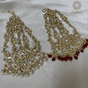Pair of Jadau Pachi Kundan Gold Plated Punjabi Bridal Passa Hair Accessories with Pearl Drops - The Sparkle Jewellery