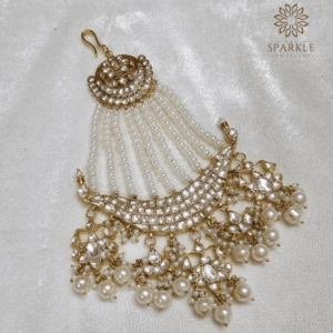 Jadau Pachi Kundan Gold Plated Punjabi Bridal Crescent Passa Hair Accessory with Pearl Strings & Pearl Drops - The Sparkle Jewellery