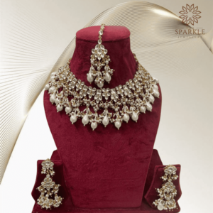 White Pachi Jadau Kundan Gold Plated Choker Necklace Set with Earrings and Maangtikka – Traditional Indian Wedding Jewellery