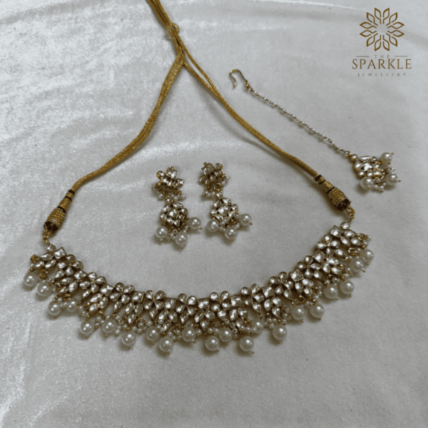 Pachi Kundan Pearl Drop Gold Plated Choker Necklace Set with Earrings and Maangtikka