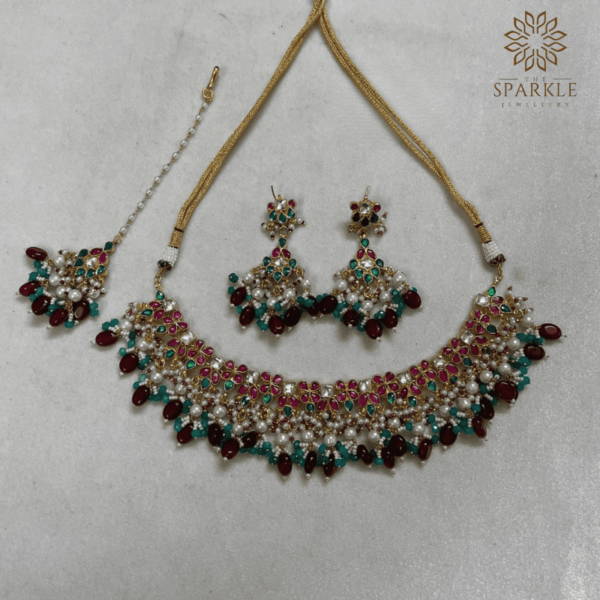 Flat Lay Multicolor Pachi Jadau Kundan Necklace Set with Maroon and Green Beads – Gold Plated Traditional Indian Jewellery