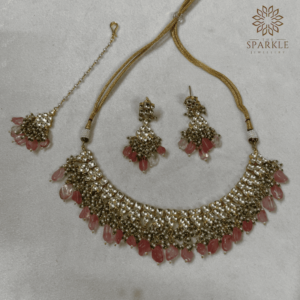 Pachi Kundan Pink Drop Gold Plated Choker Necklace Set with Earrings and Maangtikka