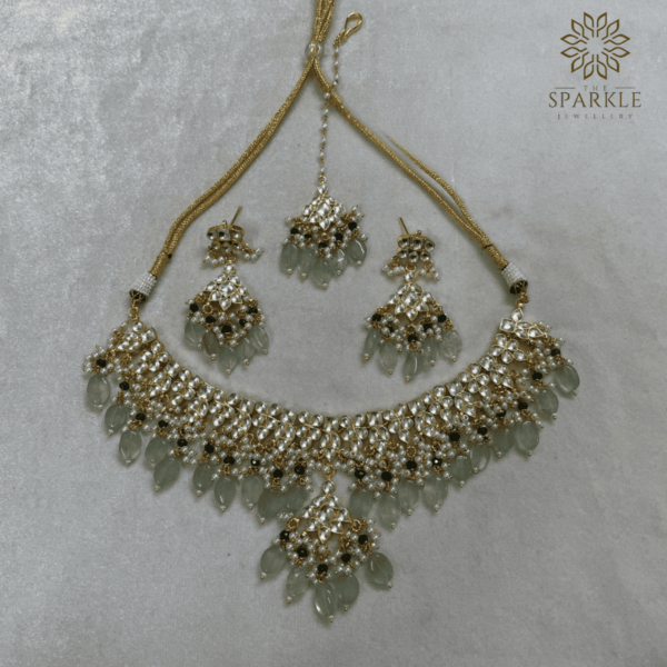 Pachi Kundan Green Drop Gold Plated Choker Necklace Set with Earrings and Maangtikka