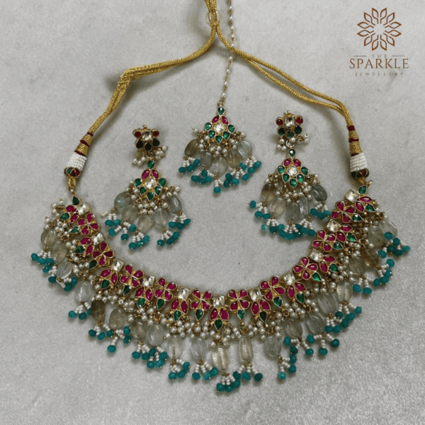 Flat Lay Multicolor Pachi Jadau Kundan Necklace Set with Earrings and Maangtikka – Gold Plated Indian Jewellery