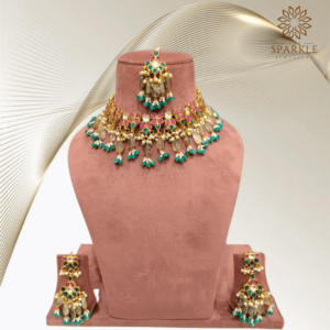 Mint Green and Multicolor Pachi Jadau Kundan Choker Necklace Set with Earrings and Maangtikka – Traditional Indian Jewellery by The Sparkle Jewellery