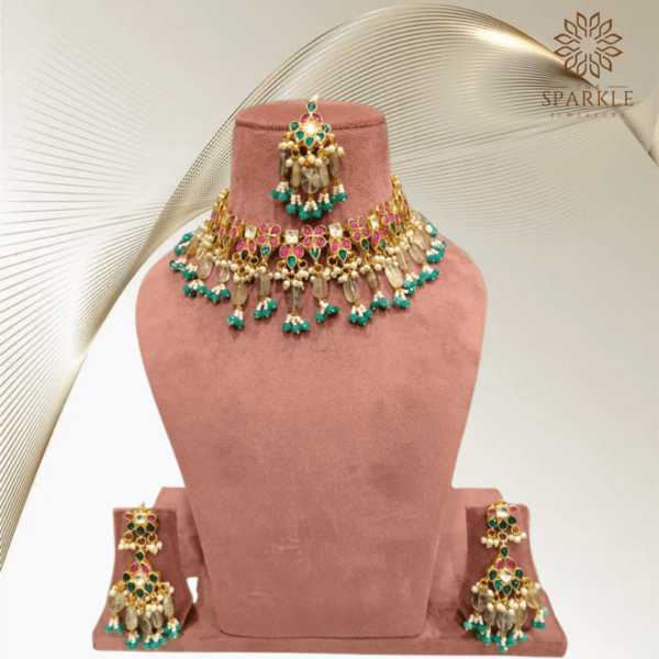 Mint Green and Multicolor Pachi Jadau Kundan Choker Necklace Set with Earrings and Maangtikka – Traditional Indian Jewellery by The Sparkle Jewellery