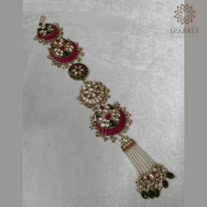 Pachi Kundan Gold Plated Hair Braid with Green and Pink Detailing – South Indian Jadau Style by The Sparkle Jewellery
