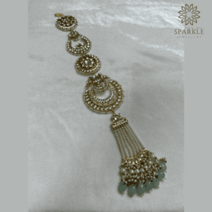 Gold plated pachi kundan hair braid with mint green beads by The Sparkle Jewellery
