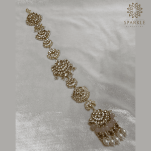 Pachi Kundan Hair Braid with Floral & Crescent Motifs and Light Pink Bead Drops – South Indian Bridal Jewellery