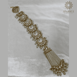 Gold Plated Pachi Kundan Hair Braid with Crescent Motifs and Pearls – The Sparkle Jewellery South Indian Hair Accessory