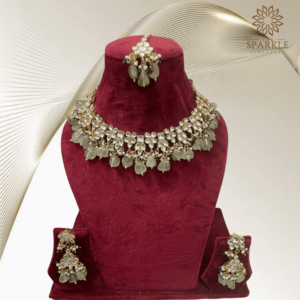 Mint Green Pachi Jadau Kundan Choker Necklace Set with Earrings and Maangtikka - Gold Plated Traditional Indian Jewellery