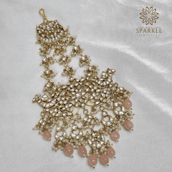 Jadau Pachi Kundan Gold Plated Punjabi Bridal Passa Hair Accessory with Peach Pink Beads - The Sparkle Jewellery