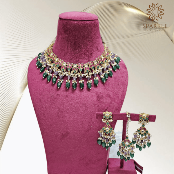 Green Pachi Jadau Kundan Choker Necklace Set with Matching Earrings – Gold Plated Traditional Indian Jewellery