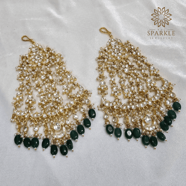Pair of Jadau Pachi Kundan Gold Plated Punjabi Bridal Passa Hair Accessories with Green Bead Drops - The Sparkle Jewellery