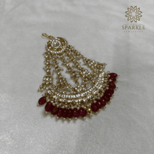 Jadau Pachi Kundan Gold Plated Bridal Passa Hair Accessory with Red Bead Drops - The Sparkle Jewellery