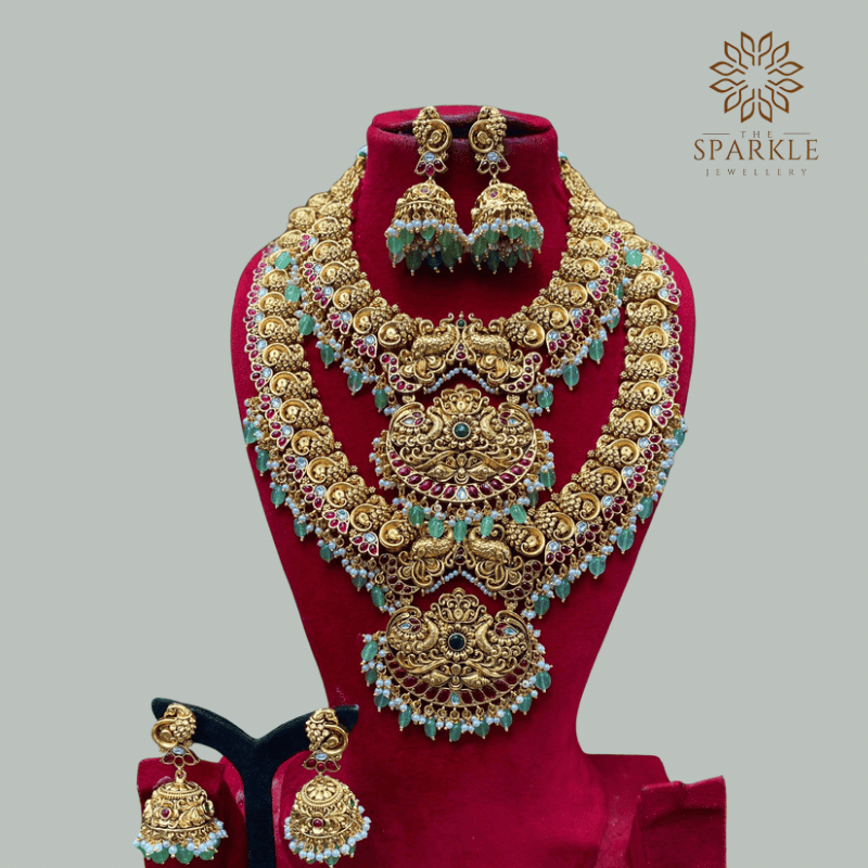 Premium Campo South Indian Temple Jewellery Set in antique gold plating with ruby and emerald stones by The Sparkle Jewellery