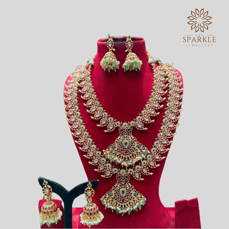 Majestic Campo Kundan South Indian temple jewellery set with double-layer antique gold necklace and emerald drops – The Sparkle Jewellery