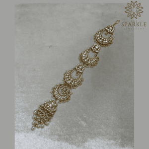Gold plated traditional bridal hair braid juda with crescent motifs and pearl drops.