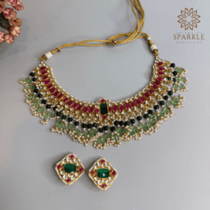 Emerald Royale Jadau Pachi Kundan Gold Plated Necklace Set with Earrings – Punjabi & South Indian Heritage Jewellery by The Sparkle Jewellery