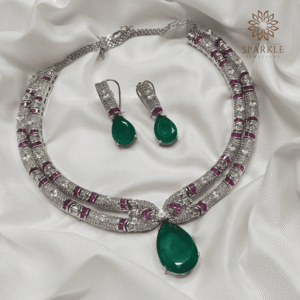 Silver finish necklace set with emerald green drop stone by The Sparkle Jewellery – Worldwide Shipping