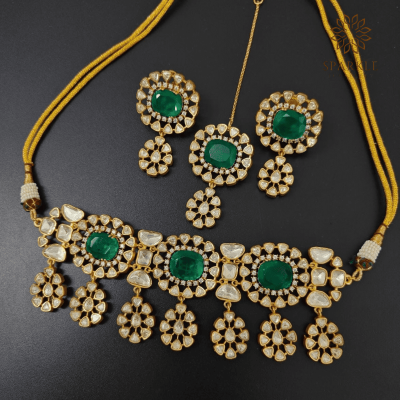 Real Moissanite Polki Choker Set with Emerald Green Stones – The Sparkle Jewellery – Worldwide Shipping