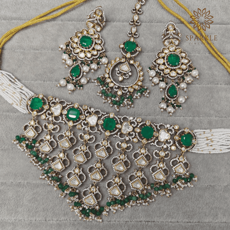 Real Moissanite Polki Bridal Necklace Set with Emerald Green Stones – The Sparkle Jewellery – Worldwide Shipping