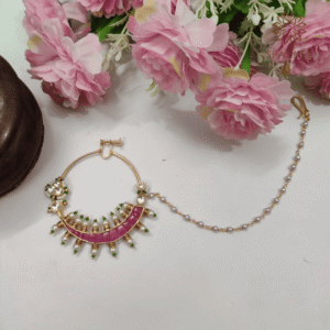 Ruby Pink Pachi Kundan Nosering Nath with Green Beads - The Sparkle Jewellery - Worldwide Shipping