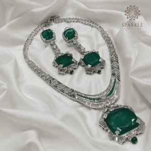 Premium silver finish necklace set with emerald green stones – The Sparkle Jewellery – Worldwide Shipping