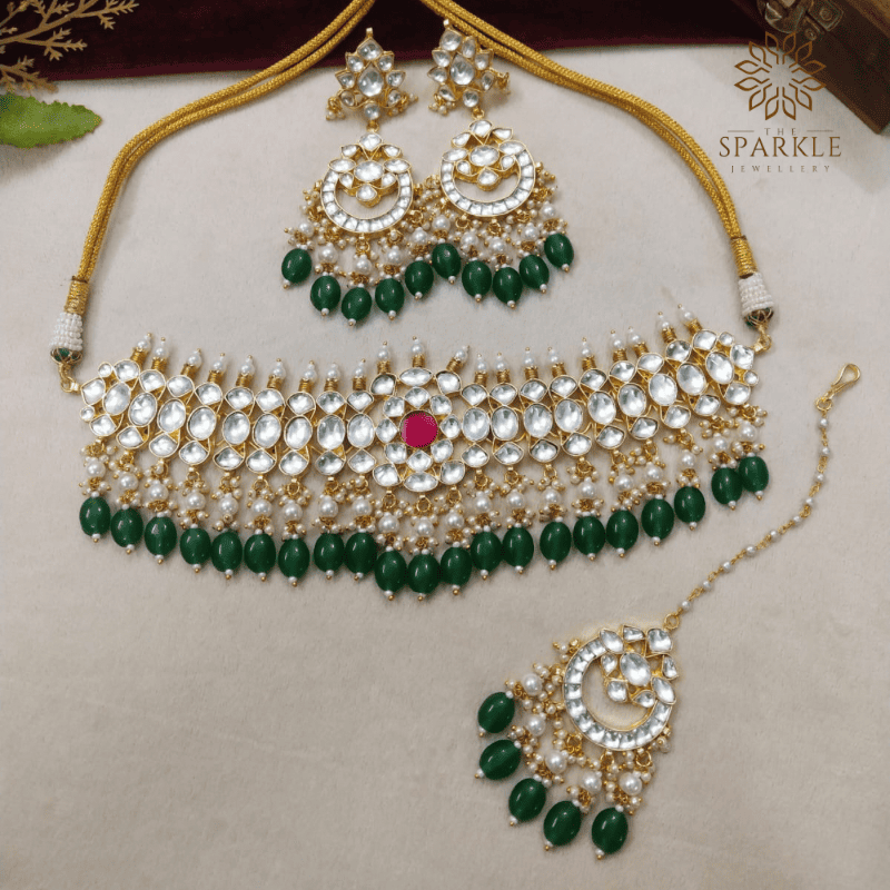 Bridal Pachi Kundan Choker Set with Green Drops & Maangtikka – The Sparkle Jewellery - Worldwide Shipping