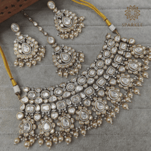 Premium Polki Necklace Set in Mehandi Polish with Pearl Drops – The Sparkle Jewellery – Worldwide Shipping