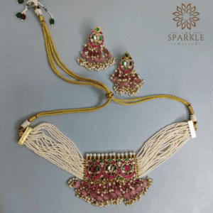 Pearl white Jadau Pachi Kundan 22K gold plated choker set with rose pink drops and earrings by The Sparkle Jewellery