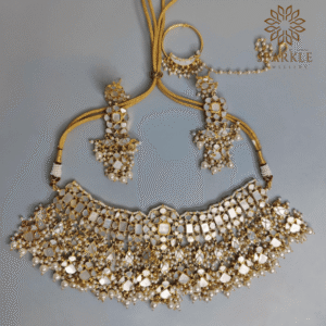 Ivory white mother of pearl gold plated necklace set with pearl drops earrings and nath by The Sparkle Jewellery