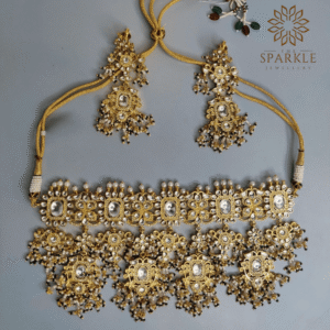 Antique gold Jadau Pachi Kundan gold plated heavy choker necklace set with earrings by The Sparkle Jewellery