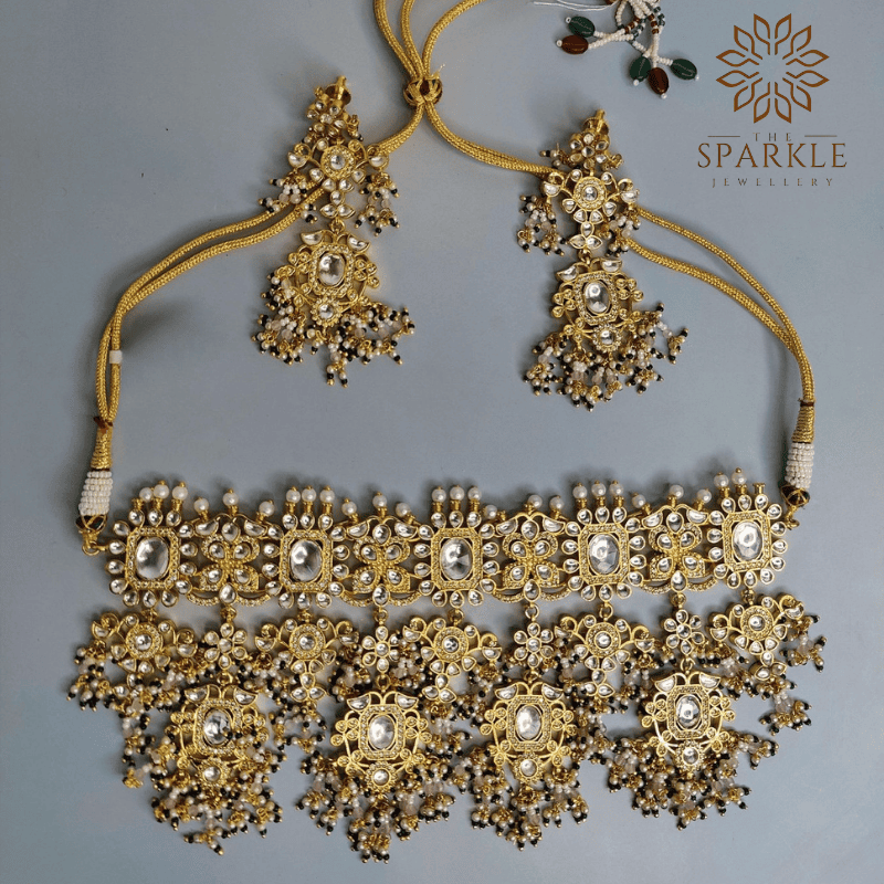 Antique gold Jadau Pachi Kundan gold plated heavy choker necklace set with earrings by The Sparkle Jewellery