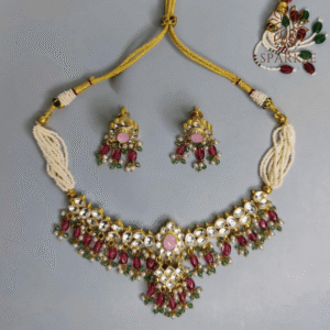 Ruby pink and emerald green Jadau Pachi Kundan gold plated choker set with earrings and customisable drops by The Sparkle Jewellery