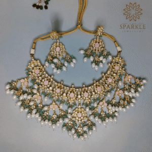 Blush pink and mint green Jadau Pachi Kundan gold plated choker set with pearl drops by The Sparkle Jewellery