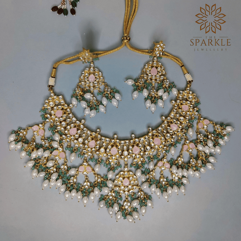 Blush pink and mint green Jadau Pachi Kundan gold plated choker set with pearl drops by The Sparkle Jewellery
