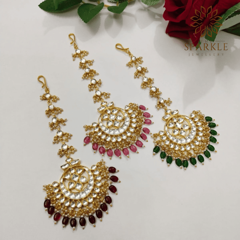 22K Gold Plated Pachi Kundan Jadau Maang Tikka in Red, Pink and Green - The Sparkle Jewellery