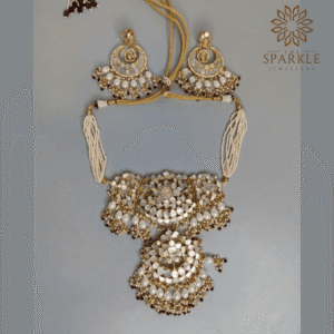 Mother of Pearl MOP 22K gold plated choker set with ivory white stones pearl drops and earrings by The Sparkle Jewellery