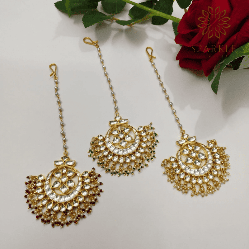 22K Gold Plated Pachi Kundan Jadau Maang Tikka in Red, Pink and Green – The Sparkle Jewellery