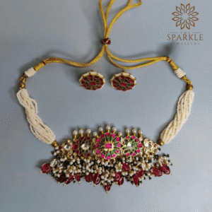Ruby red and emerald green Jadau kundan gold plated choker set with pearl drops and customisable colours by The Sparkle Jewellery
