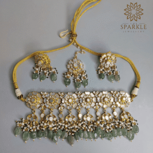 Ivory white mother of pearl 22k gold plated necklace set with sage green drops and earrings by The Sparkle Jewellery