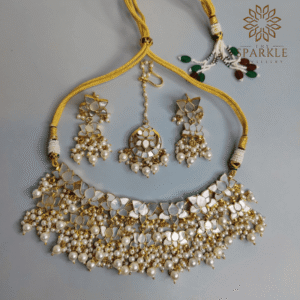 Ivory white mother of pearl MOP 22k gold plated necklace set with pearl drops earrings and maangtikka by The Sparkle Jewellery