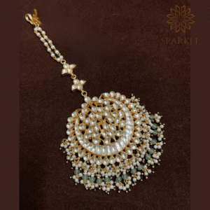 Premium Jadau Pachi Kundan 22K Gold-Plated Bridal Maangtikka with Pearls and Pastel Emerald Drops by The Sparkle Jewellery