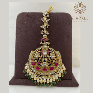 Luxury Jadau Pachi Kundan 22K Gold-Plated Bridal Passa with Ruby and Emerald Stones by The Sparkle Jewellery