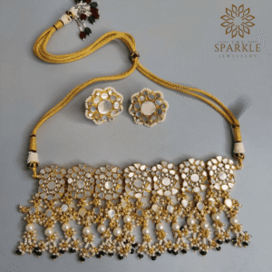 Ivory white mother of pearl MOP and jadau pachi kundan 22k gold plated choker set with pearl and black bead drops by The Sparkle Jewellery